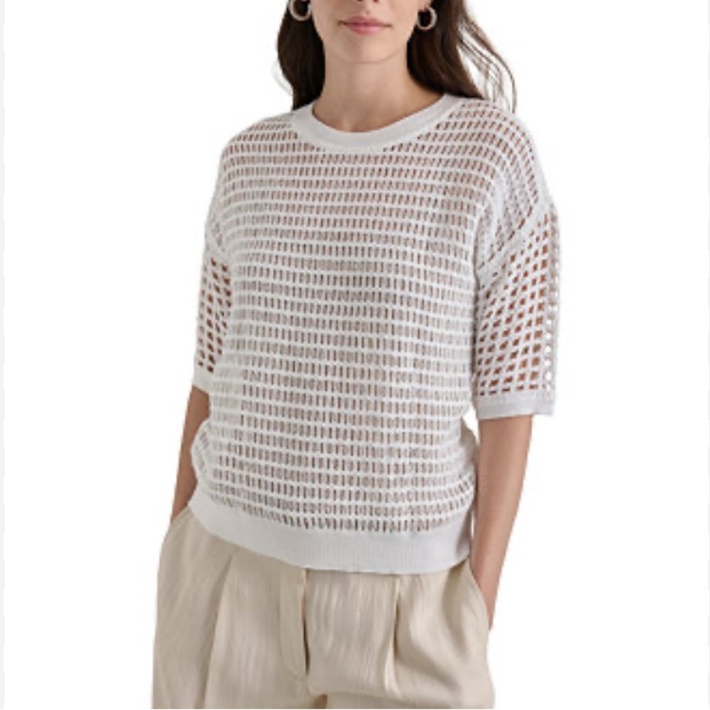 DKNY Women's Round-Neck Short-Sleeve Open-Crochet Sweater
